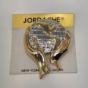 Jordache World Earth Holding Hands Brooch Pin Vintage Globe 1980s Two Tone